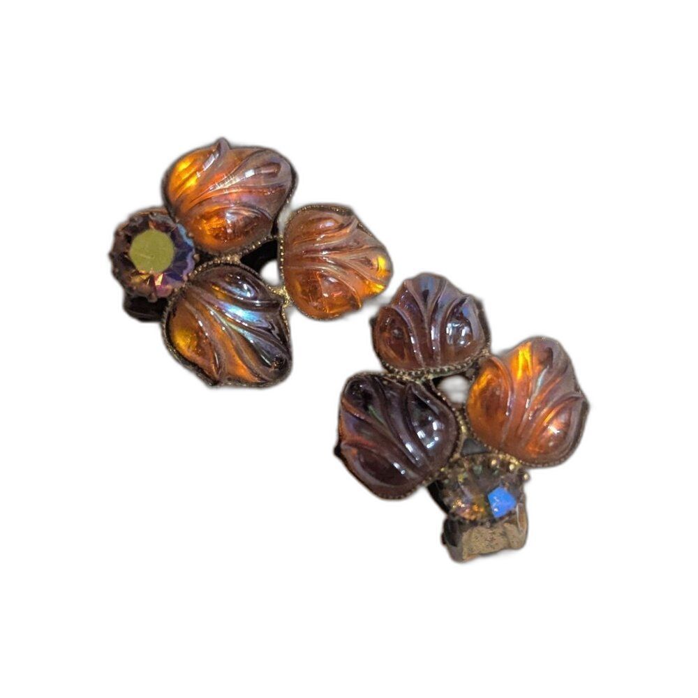 Vintage West Germany Amber Glass Clip-On Earrings Floral Design 1.25" Rhinestone